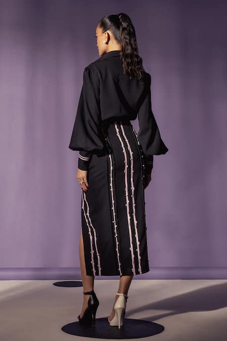 Shop Sameer Madan Black Cotton Pearls Collared Ingrid Bishop Sleeve Dress at Aza Fashions Shop_Sameer Madan_Black Cotton Pearls Collared Ingrid Bishop Sleeve Dress _at_Aza_Fashions