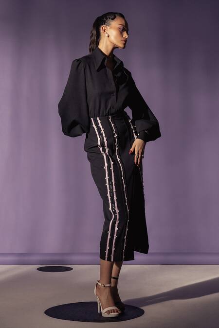 Sameer Madan Black Cotton Pearls Collared Ingrid Bishop Sleeve Dress Online at Aza Fashions Sameer Madan_Black Cotton Pearls Collared Ingrid Bishop Sleeve Dress _Online_at_Aza_Fashions