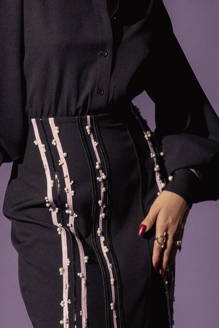 Buy Sameer Madan Black Cotton Pearls Collared Ingrid Bishop Sleeve Dress Online at Aza Fashions Buy_Sameer Madan_Black Cotton Pearls Collared Ingrid Bishop Sleeve Dress _Online_at_Aza_Fashions