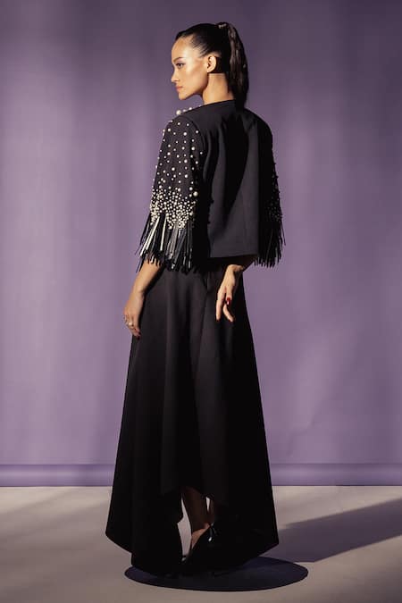 Shop Sameer Madan Black Taffeta, Crepe Pearls, Sequins The Katherine Bollero Embellished Jacket at Aza Fashions Shop_Sameer Madan_Black Taffeta, Crepe Pearls, Sequins The Katherine Bollero Embellished Jacket _at_Aza_Fashions