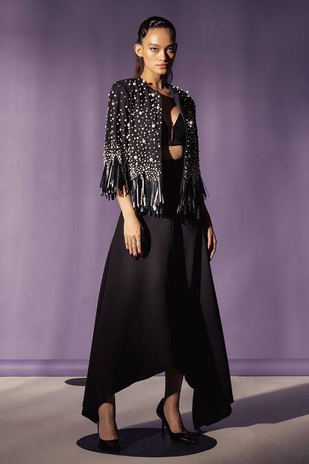 Sameer Madan Black Taffeta, Crepe Pearls, Sequins The Katherine Bollero Embellished Jacket Online at Aza Fashions Sameer Madan_Black Taffeta, Crepe Pearls, Sequins The Katherine Bollero Embellished Jacket _Online_at_Aza_Fashions