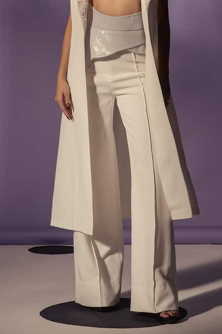 Shop Sameer Madan White Crepe The Jocelyn Gilet Flared Trouser at Aza Fashions Shop_Sameer Madan_White Crepe The Jocelyn Gilet Flared Trouser _at_Aza_Fashions