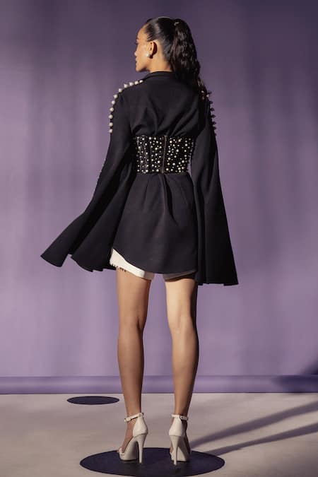 Shop Sameer Madan Black Pearls Collared The Marlene Inbuilt Corset Shirt at Aza Fashions Shop_Sameer Madan_Black Pearls Collared The Marlene Inbuilt Corset Shirt _at_Aza_Fashions