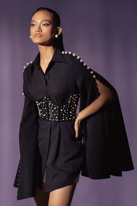 Sameer Madan Black Pearls Collared The Marlene Inbuilt Corset Shirt Online at Aza Fashions Sameer Madan_Black Pearls Collared The Marlene Inbuilt Corset Shirt _Online_at_Aza_Fashions