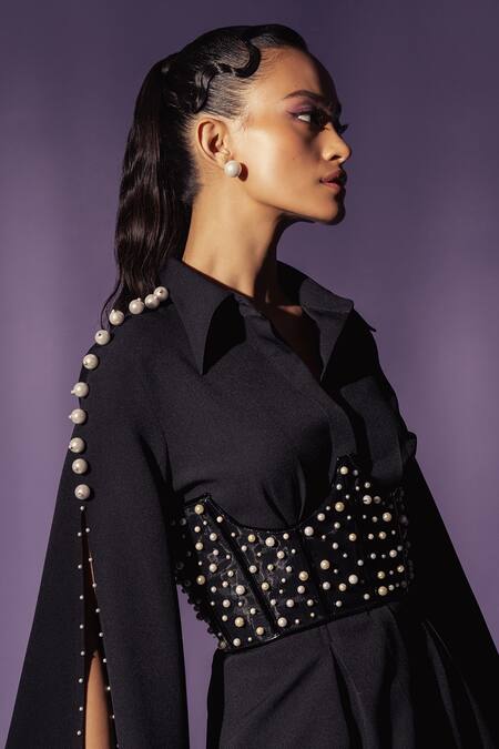 Buy Sameer Madan Black Pearls Collared The Marlene Inbuilt Corset Shirt Online at Aza Fashions Buy_Sameer Madan_Black Pearls Collared The Marlene Inbuilt Corset Shirt _Online_at_Aza_Fashions