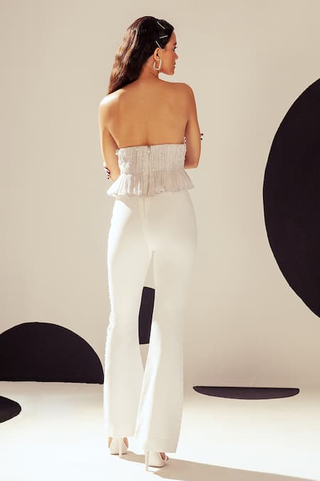 Shop Sameer Madan White Crepe Pearls Evelyn Ruched Peplum Corset Top at Aza Fashions Shop_Sameer Madan_White Crepe Pearls Evelyn Ruched Peplum Corset Top _at_Aza_Fashions