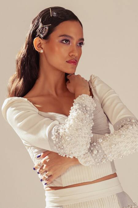 Sameer Madan White Jersey, Hemp, Leather Pearls, Zari Embellished Ruched Corset Top Online at Aza Fashions Sameer Madan_White Jersey, Hemp, Leather Pearls, Zari Embellished Ruched Corset Top _Online_at_Aza_Fashions