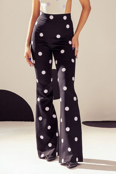 Sameer Madan_Black Jersey, Leather Applique Carole Bell Bottom Pant _Online_at_Aza_Fashions