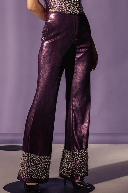 Sameer Madan_Purple Pearls The Bette Bell Bottom Pant _Online_at_Aza_Fashions