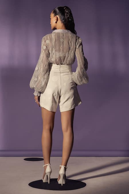 Shop Sameer Madan White Faux Leather, Organza Pearls Monochromatic High Waist Embellished Shorts at Aza Fashions Shop_Sameer Madan_White Faux Leather, Organza Pearls Monochromatic High Waist Embellished Shorts _at_Aza_Fashions