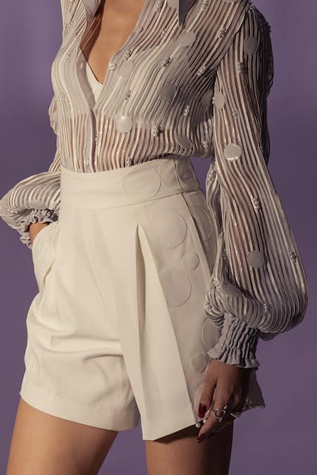 Sameer Madan White Faux Leather, Organza Pearls Monochromatic High Waist Embellished Shorts Online at Aza Fashions Sameer Madan_White Faux Leather, Organza Pearls Monochromatic High Waist Embellished Shorts _Online_at_Aza_Fashions