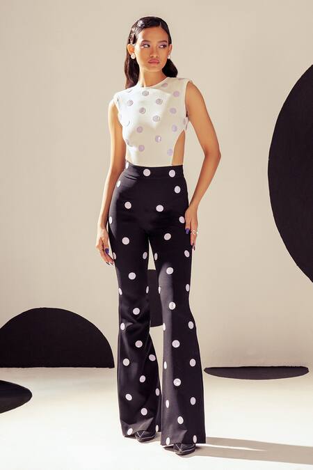 Sameer Madan White Jersey, Leather Embroidery Round Neck Polka Applique Bodysuit Online at Aza Fashions Sameer Madan_White Jersey, Leather Embroidery Round Neck Polka Applique Bodysuit _Online_at_Aza_Fashions