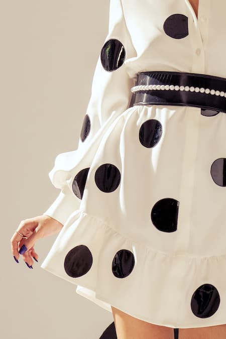 Sameer Madan_White Crepe, Leather Cut Work Collared Paulette Polka Applique Dress _Online_at_Aza_Fashions