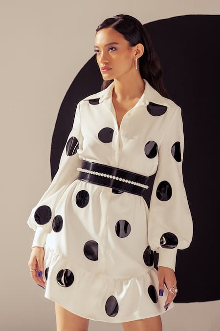 Buy_Sameer Madan_White Crepe, Leather Cut Work Collared Paulette Polka Applique Dress _Online_at_Aza_Fashions