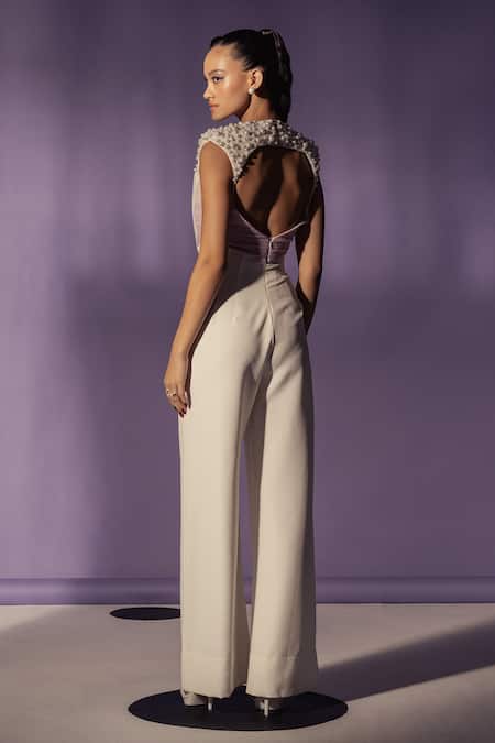 Shop_Sameer Madan_White Banana Crepe Placement Embroidery Pearls Jayne Yoke Jumpsuit  _at_Aza_Fashions