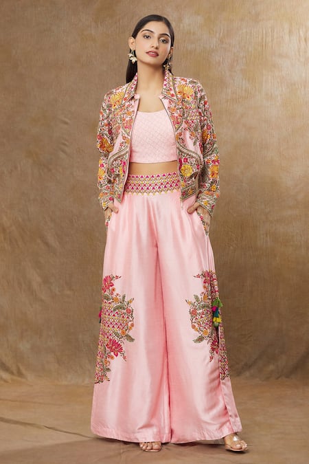 Shraddha Rambhia Pink Slub Silk Embroidered Floral Blouse Scoop Flower Jacket Pant Set