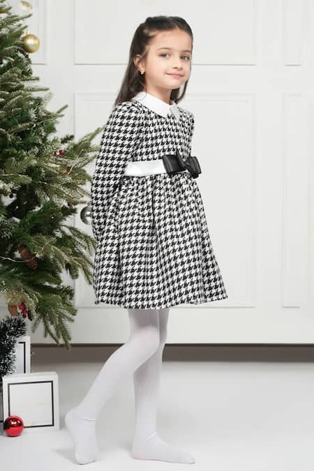 Shop The Pony & Peony Co. Black Tweed Bows Houndstooth Geometric Pattern Dress at Aza Fashions Shop_The Pony & Peony Co._Black Tweed Bows Houndstooth Geometric Pattern Dress _at_Aza_Fashions
