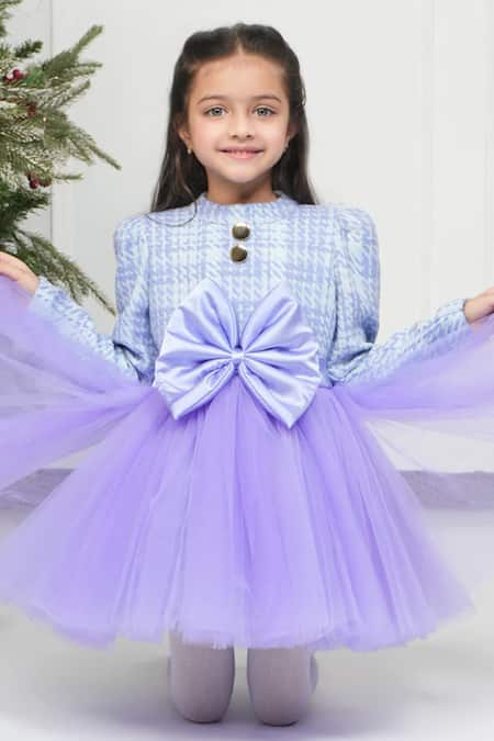 The Pony & Peony Co._Purple Cotton, Tweed Bows Houndstooth Pattern Dress_Online_at_Aza_Fashions