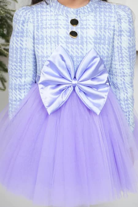 Buy_The Pony & Peony Co._Purple Cotton, Tweed Bows Houndstooth Pattern Dress_Online_at_Aza_Fashions