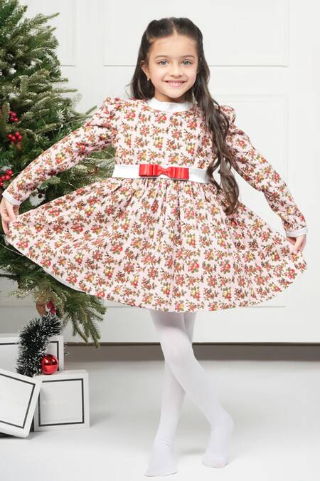 The Pony & Peony Co._Pink Corduroy Bows Cherry Print Dress _Online_at_Aza_Fashions
