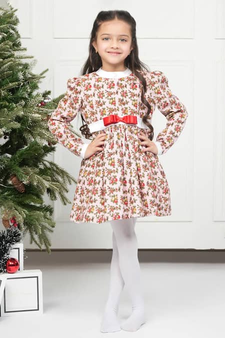 Buy_The Pony & Peony Co._Pink Corduroy Bows Cherry Print Dress _Online_at_Aza_Fashions