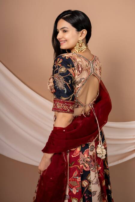 Shop Saangi Multi Color Silk Embroidery, Cut Work V-neck Floral Print Blouse Lehenga Set at Aza Fashions Shop_Saangi_Multi Color Silk Embroidery, Cut Work V-neck Floral Print Blouse Lehenga Set_at_Aza_Fashions