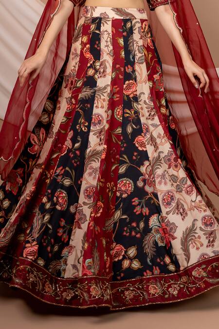 Saangi Multi Color Silk Embroidery, Cut Work V-neck Floral Print Blouse Lehenga Set Online at Aza Fashions Saangi_Multi Color Silk Embroidery, Cut Work V-neck Floral Print Blouse Lehenga Set_Online_at_Aza_Fashions