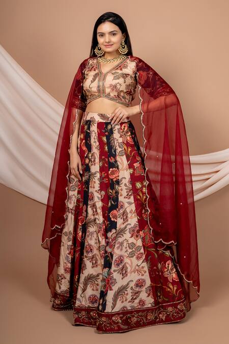 Buy Saangi Multi Color Silk Embroidery, Cut Work V-neck Floral Print Blouse Lehenga Set Online at Aza Fashions Buy_Saangi_Multi Color Silk Embroidery, Cut Work V-neck Floral Print Blouse Lehenga Set_Online_at_Aza_Fashions