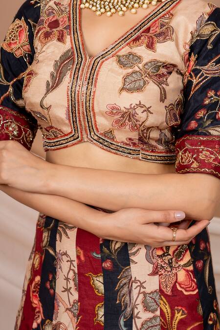 Shop Saangi Multi Color Silk Embroidery, Cut Work V-neck Floral Print Blouse Lehenga Set Online at Aza Fashions Shop_Saangi_Multi Color Silk Embroidery, Cut Work V-neck Floral Print Blouse Lehenga Set_Online_at_Aza_Fashions