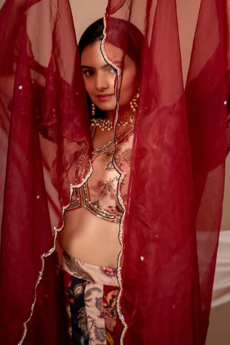 Saangi Multi Color Silk Embroidery, Cut Work V-neck Floral Print Blouse Lehenga Set at Aza Fashions Saangi_Multi Color Silk Embroidery, Cut Work V-neck Floral Print Blouse Lehenga Set_at_Aza_Fashions