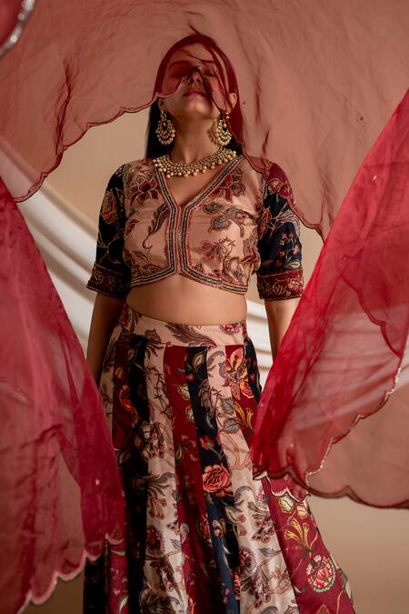 Buy Saangi Multi Color Silk Embroidery, Cut Work V-neck Floral Print Blouse Lehenga Set Buy_Saangi_Multi Color Silk Embroidery, Cut Work V-neck Floral Print Blouse Lehenga Set