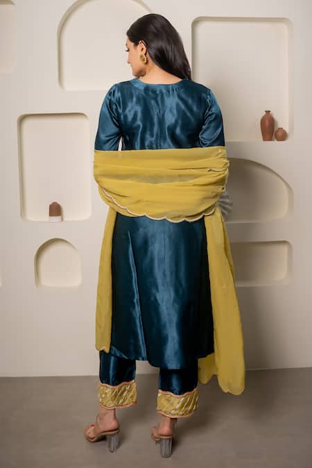 Shop Saangi Blue Silk, Gabardine, Gingham Embroidery Yoke Hand Straight Kurta Pant Set at Aza Fashions Shop_Saangi_Blue Silk, Gabardine, Gingham Embroidery Yoke Hand Straight Kurta Pant Set _at_Aza_Fashions