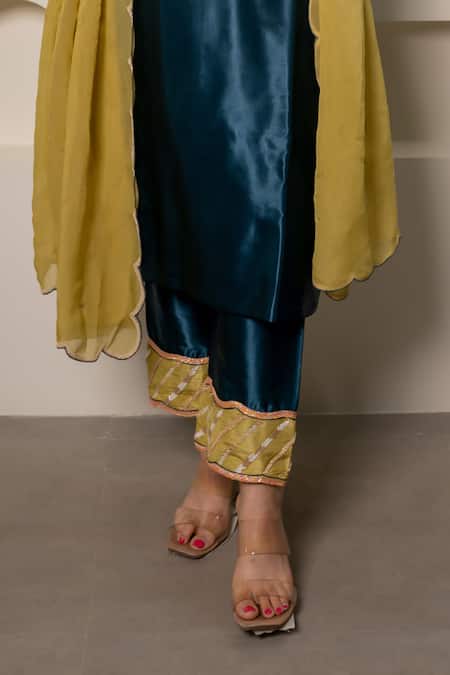 Saangi Blue Silk, Gabardine, Gingham Embroidery Yoke Hand Straight Kurta Pant Set Online at Aza Fashions Saangi_Blue Silk, Gabardine, Gingham Embroidery Yoke Hand Straight Kurta Pant Set _Online_at_Aza_Fashions