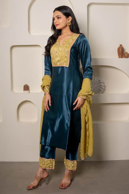 Buy Saangi Blue Silk, Gabardine, Gingham Embroidery Yoke Hand Straight Kurta Pant Set Online at Aza Fashions Buy_Saangi_Blue Silk, Gabardine, Gingham Embroidery Yoke Hand Straight Kurta Pant Set _Online_at_Aza_Fashions