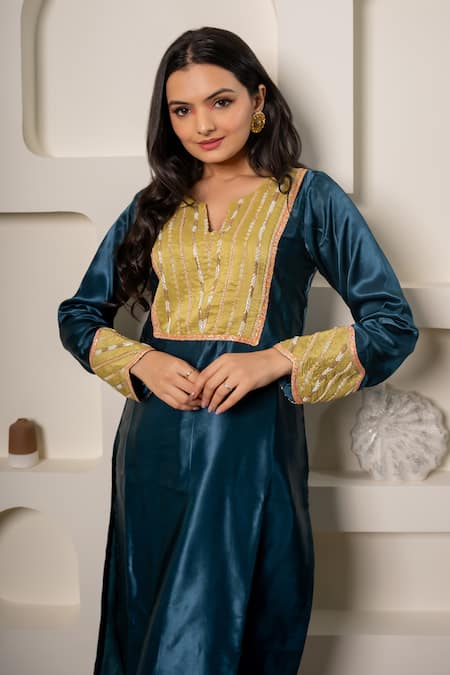 Shop Saangi Blue Silk, Gabardine, Gingham Embroidery Yoke Hand Straight Kurta Pant Set Online at Aza Fashions Shop_Saangi_Blue Silk, Gabardine, Gingham Embroidery Yoke Hand Straight Kurta Pant Set _Online_at_Aza_Fashions