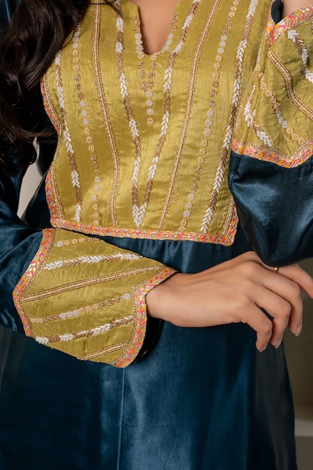 Saangi Blue Silk, Gabardine, Gingham Embroidery Yoke Hand Straight Kurta Pant Set at Aza Fashions Saangi_Blue Silk, Gabardine, Gingham Embroidery Yoke Hand Straight Kurta Pant Set _at_Aza_Fashions