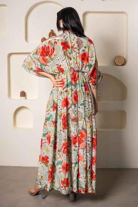 Shop Saangi Blue V-neck Floral Print Kaftan And Pant Set at Aza Fashions Shop_Saangi_Blue V-neck Floral Print Kaftan And Pant Set_at_Aza_Fashions