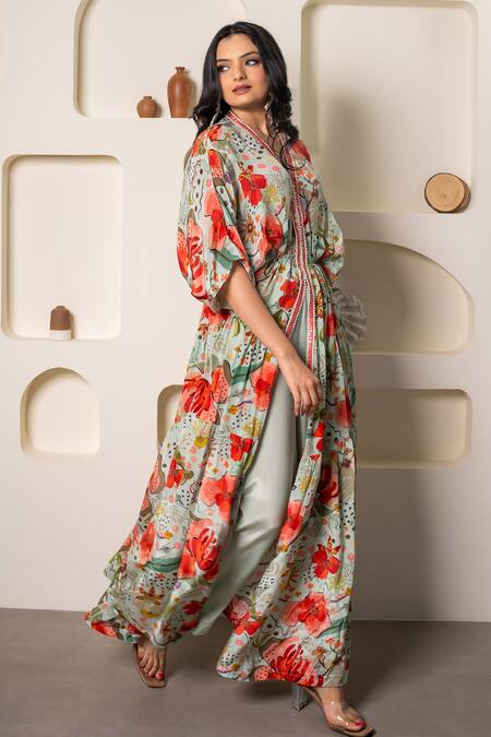 Saangi Blue V-neck Floral Print Kaftan And Pant Set Online at Aza Fashions Saangi_Blue V-neck Floral Print Kaftan And Pant Set_Online_at_Aza_Fashions