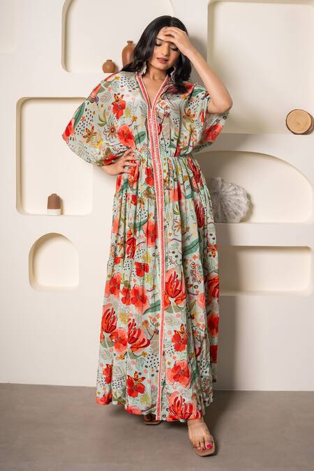 Buy Saangi Blue V-neck Floral Print Kaftan And Pant Set Online at Aza Fashions Buy_Saangi_Blue V-neck Floral Print Kaftan And Pant Set_Online_at_Aza_Fashions