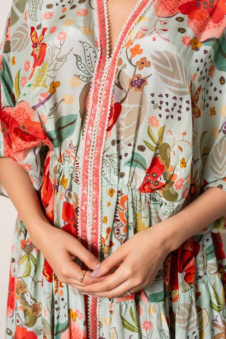 Shop Saangi Blue V-neck Floral Print Kaftan And Pant Set Online at Aza Fashions Shop_Saangi_Blue V-neck Floral Print Kaftan And Pant Set_Online_at_Aza_Fashions