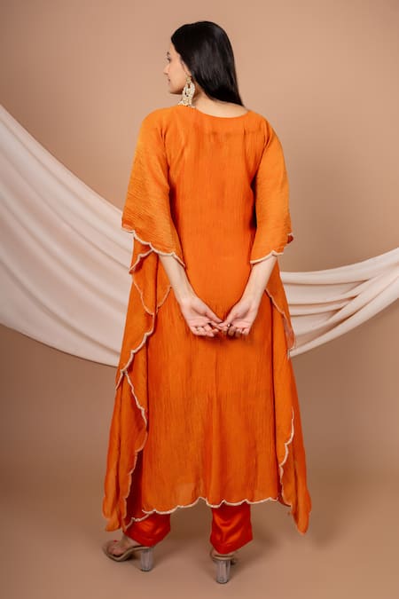 Shop Saangi Orange V-neck Floral Hand Embroidered Kaftan And Pant Set at Aza Fashions Shop_Saangi_Orange V-neck Floral Hand Embroidered Kaftan And Pant Set _at_Aza_Fashions