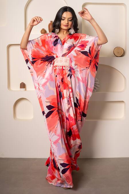 Saangi Pink Crepe Embroidery, Sequins V-neck Floral Print Flared Sleeve Kaftan Online at Aza Fashions Saangi_Pink Crepe Embroidery, Sequins V-neck Floral Print Flared Sleeve Kaftan_Online_at_Aza_Fashions