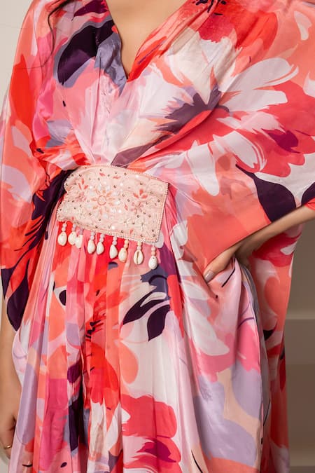 Buy Saangi Pink Crepe Embroidery, Sequins V-neck Floral Print Flared Sleeve Kaftan Online at Aza Fashions Buy_Saangi_Pink Crepe Embroidery, Sequins V-neck Floral Print Flared Sleeve Kaftan_Online_at_Aza_Fashions