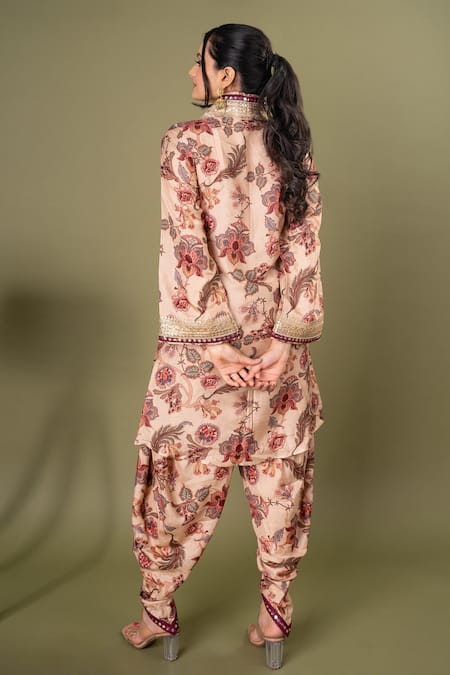 Shop Saangi Multi Color Denim Embroidery V-neck Floral Print Kurta And Dhoti Pant Set at Aza Fashions Shop_Saangi_Multi Color Denim Embroidery V-neck Floral Print Kurta And Dhoti Pant Set _at_Aza_Fashions