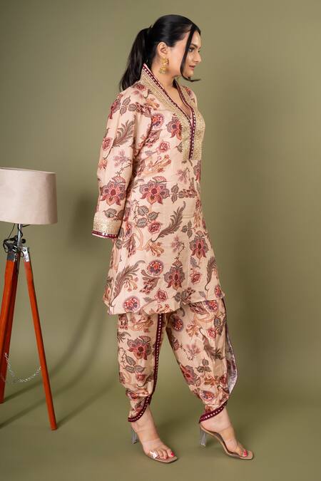 Saangi Multi Color Denim Embroidery V-neck Floral Print Kurta And Dhoti Pant Set Online at Aza Fashions Saangi_Multi Color Denim Embroidery V-neck Floral Print Kurta And Dhoti Pant Set _Online_at_Aza_Fashions