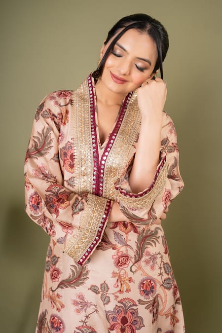 Buy Saangi Multi Color Denim Embroidery V-neck Floral Print Kurta And Dhoti Pant Set Online at Aza Fashions Buy_Saangi_Multi Color Denim Embroidery V-neck Floral Print Kurta And Dhoti Pant Set _Online_at_Aza_Fashions