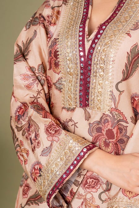 Shop Saangi Multi Color Denim Embroidery V-neck Floral Print Kurta And Dhoti Pant Set Online at Aza Fashions Shop_Saangi_Multi Color Denim Embroidery V-neck Floral Print Kurta And Dhoti Pant Set _Online_at_Aza_Fashions