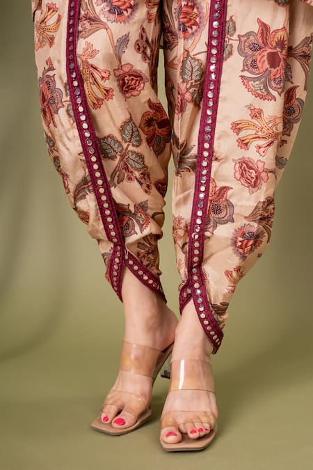 Saangi Multi Color Denim Embroidery V-neck Floral Print Kurta And Dhoti Pant Set at Aza Fashions Saangi_Multi Color Denim Embroidery V-neck Floral Print Kurta And Dhoti Pant Set _at_Aza_Fashions