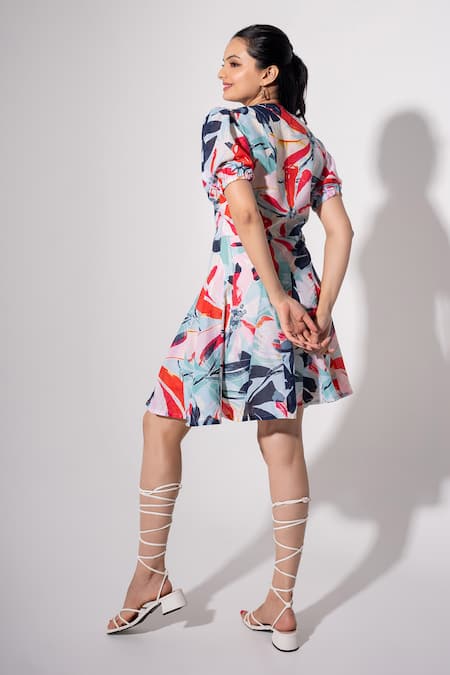 Buy_Saangi_Multi Color Cotton V-neck Floral Print Flared Dress _Online_at_Aza_Fashions