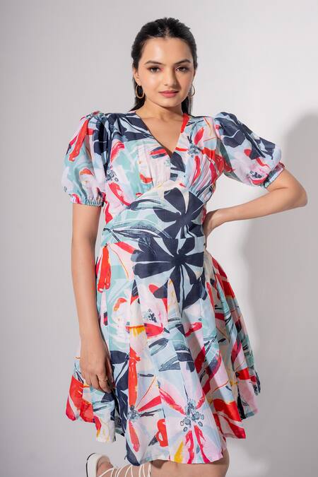 Saangi_Multi Color Cotton V-neck Floral Print Flared Dress _at_Aza_Fashions